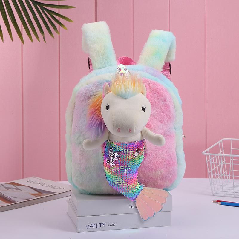 Unicorn plush backpack for children, cute cartoon mermaid sequined schoolbag, casual backpack for women