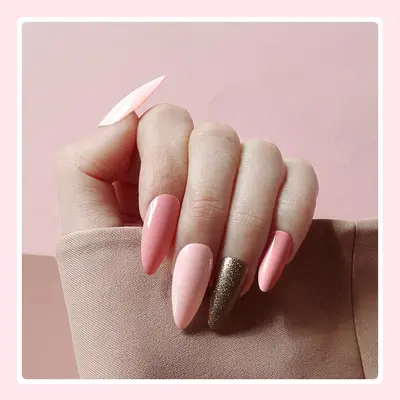 24 Pieces Of Finished Fake Nails Aliexpress Amazon Sells Long Pointed Almond Nails Girl Pink Round Head Gold Powder Nail Art