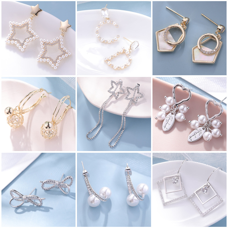 2020 new Korean version women's 925 sterling silver stud earrings, simple star earrings, diamond-encrusted earrings and pearl earrings are available for delivery