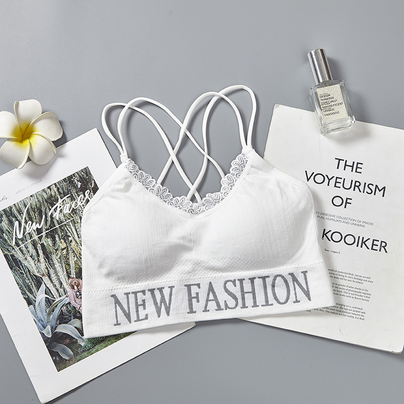 English letter lace thin shoulder strap beautiful back wrap chest breathable lining fabric worn outside yoga gathering strap chest cushion underwear for women undefined