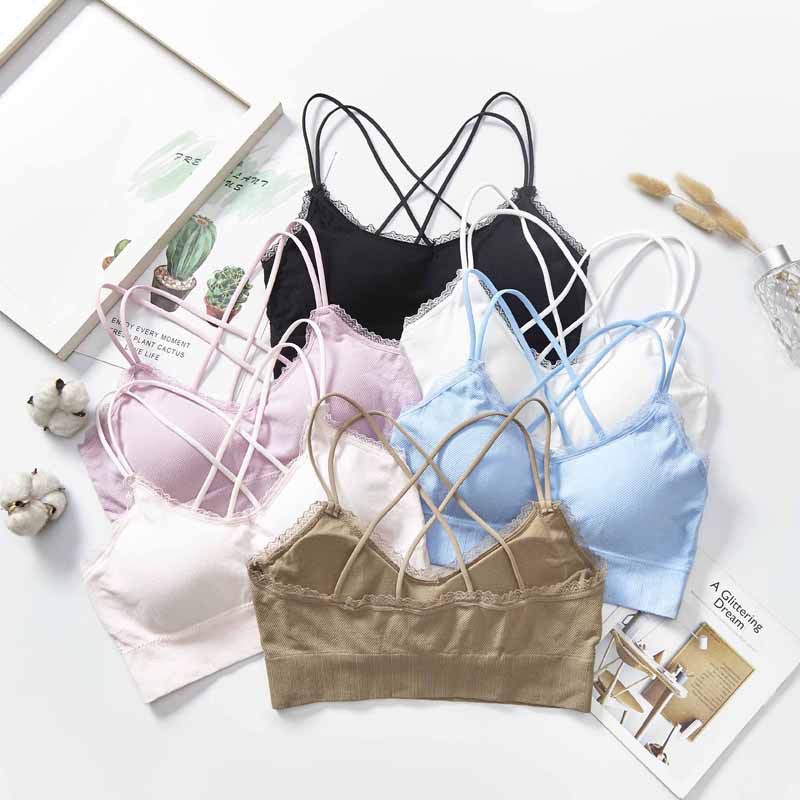 New non-mainstream color lace beauty back spaghetti-strap strapless bra for women without steel rings, with chest pads and thin shoulder straps details Picture