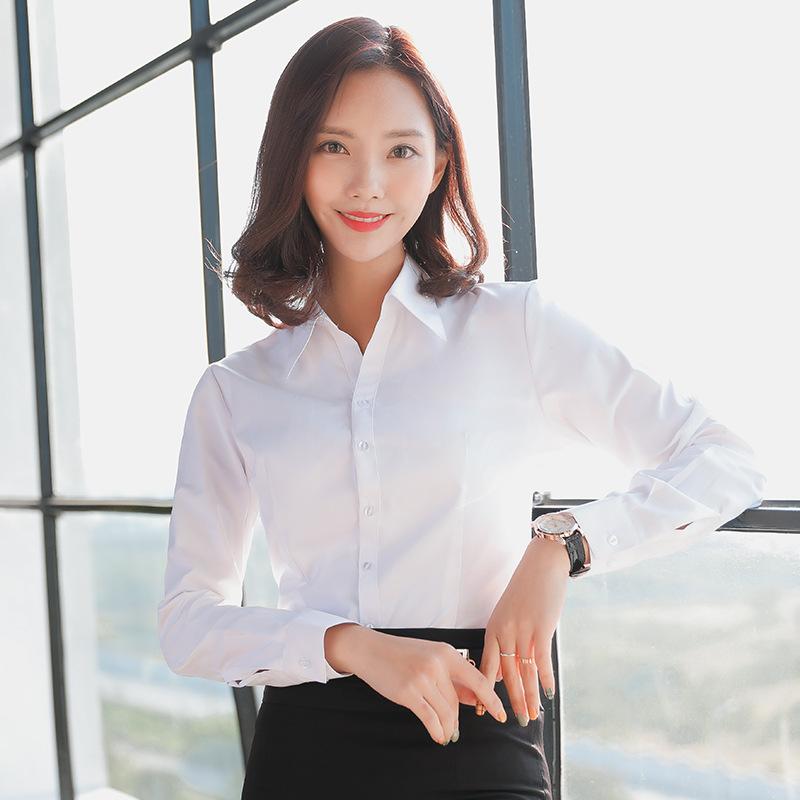 2021白色衬衫女长袖新款职业装V领修身正装棉衬衣工作服工装