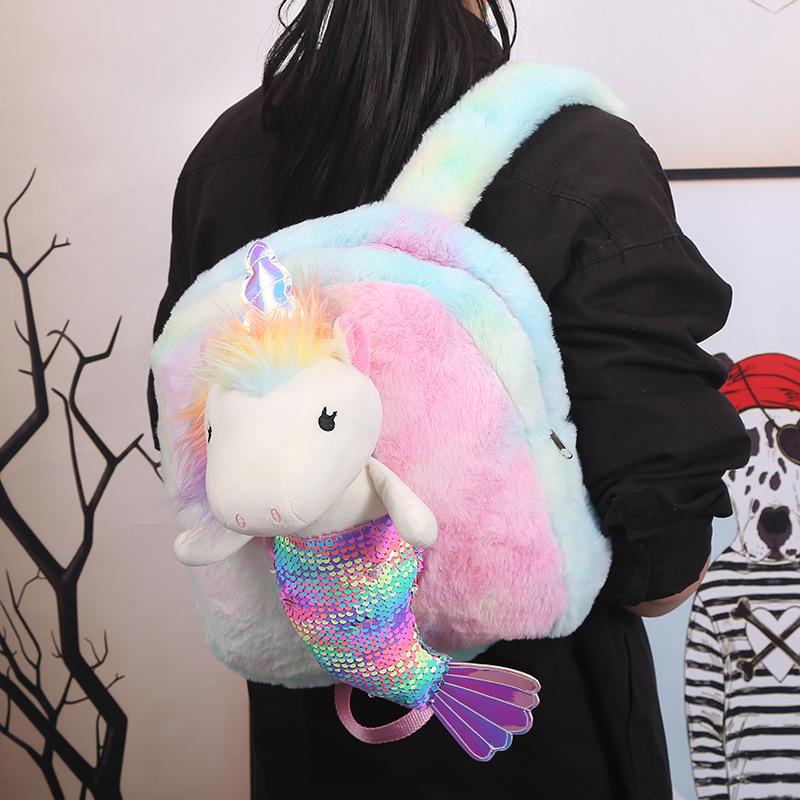 Unicorn plush backpack for children, cute cartoon mermaid sequined schoolbag, casual backpack for women details Picture