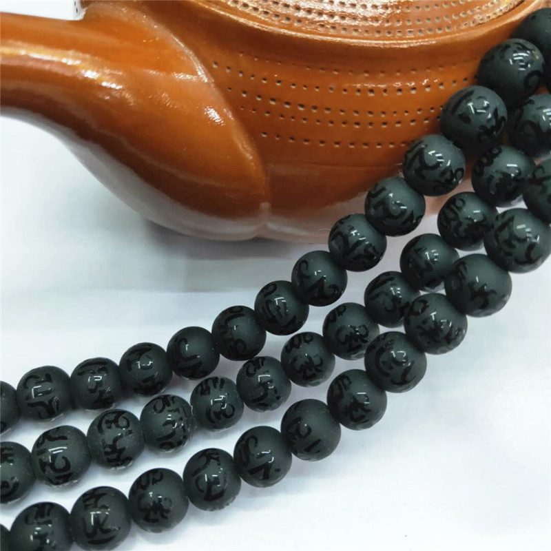 Factory direct sales of six-character mantra Buddhist prayer beads, wholesale of black matte stone semi-finished products with embossed characters, DIY jewelry and matching beads Specification image