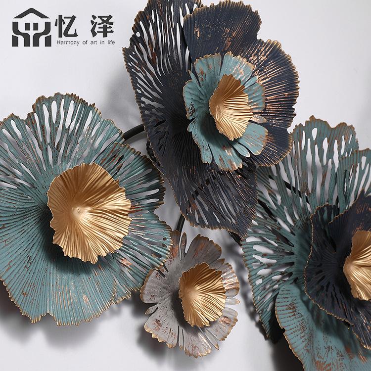 新中式做旧牡丹花铁艺壁挂一件起批室内装修装饰品墙面金属挂件细节图