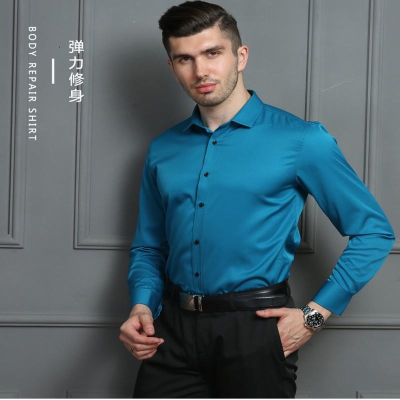 Men's no-iron, anti-wrinkle and elastic shirt, solid color shirt, new men's long-sleeved, trendy business one-piece consignment