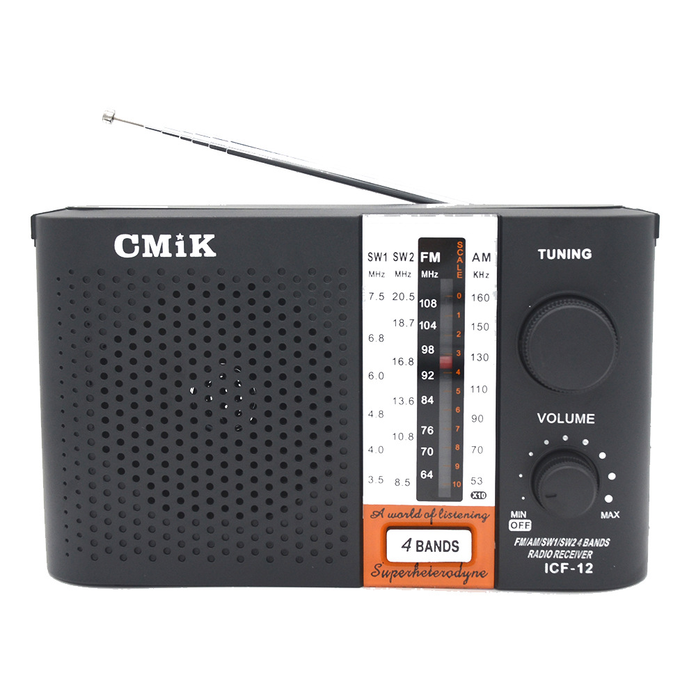 cmik portable radio with a strap, knob, external antenna, external speaker, 4-band radio