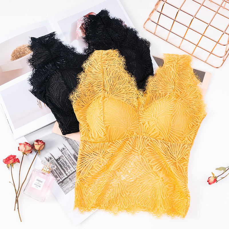New full lace cutout V-neck, see-through beauty back, bra wrap, no bra base, small halter, thickened chest cushion, long vest details Picture