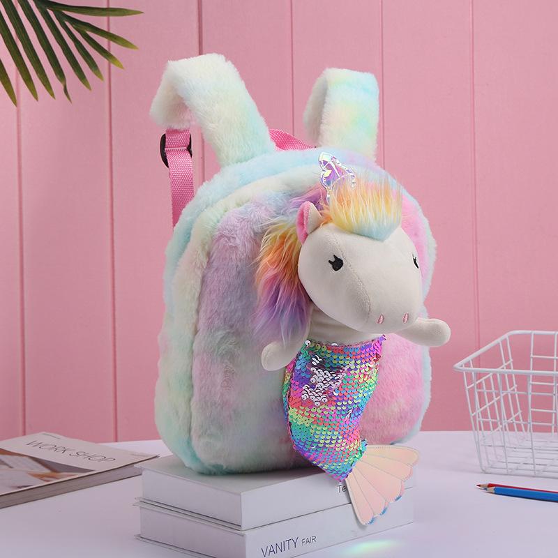 Unicorn plush backpack for children, cute cartoon mermaid sequined schoolbag, casual backpack for women Specification image