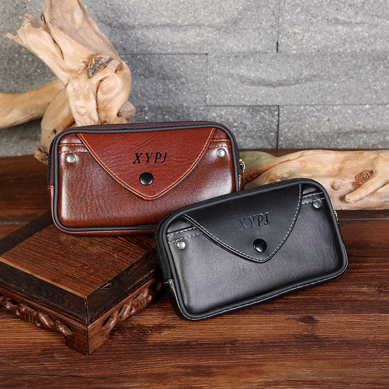 New Selling Male Casual Elephant Pattern Single Buckle Waist Pack Single Buckle Ultra-Thin Leather Mobile Phone Bag With Zipper