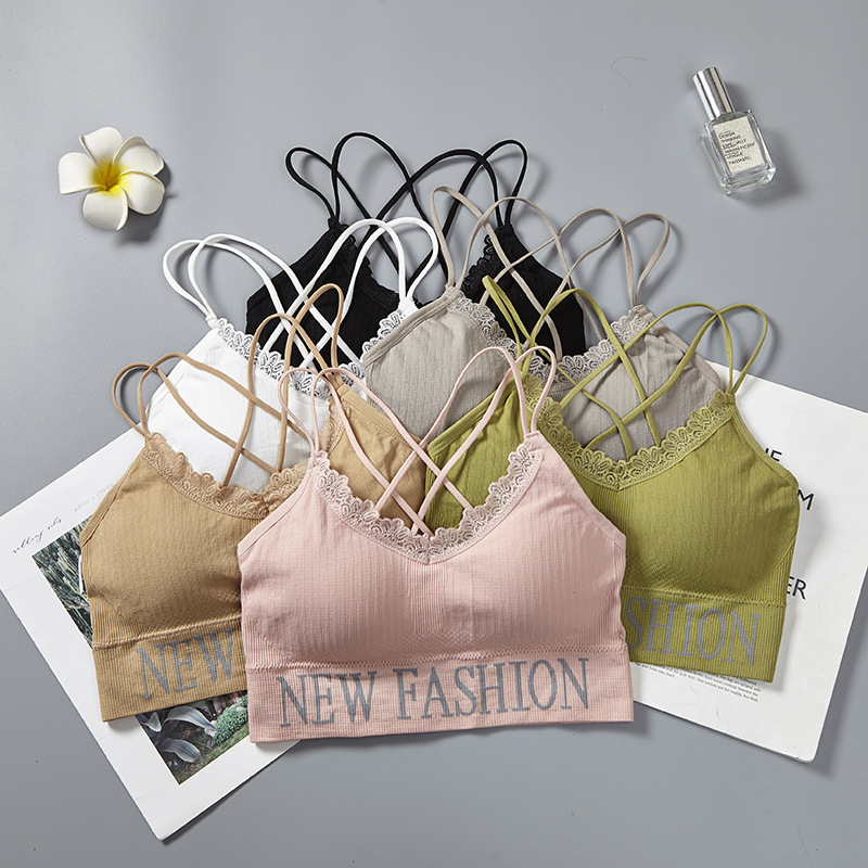 English letter lace thin shoulder strap beautiful back wrap chest breathable lining fabric worn outside yoga gathering strap chest cushion underwear for women details Picture