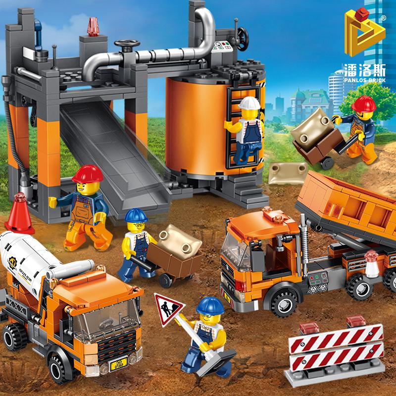 潘洛斯工程场景积木施工现场水泥罐车运土车工程机器模型积木玩具图