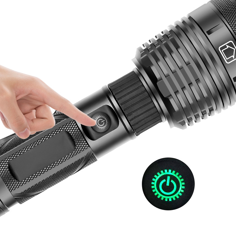 跨境新款XHP70强光手电筒 大光杯带笔夹 户外强光远射手电筒白底实物图
