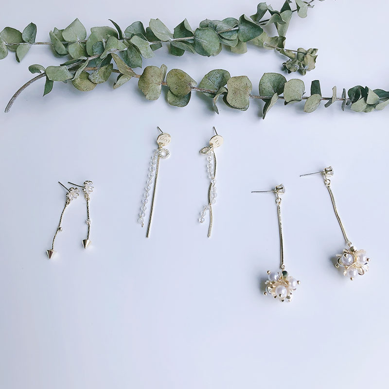 新款中长耳环耳饰925银针小花珍珠设计小众日韩时尚