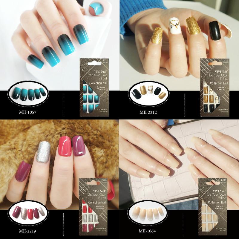 24片假指甲中长款优雅蓝假指甲美甲成品贴片手指甲片胶水款