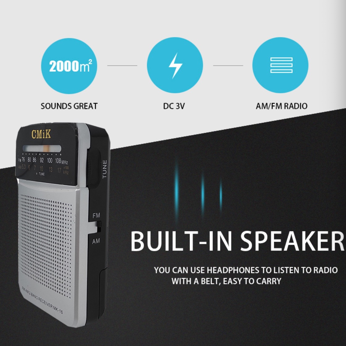 CMIK portable mini radio for the Elderly, a pocket-sized two-band FM semiconductor AM/FM radio Specification image