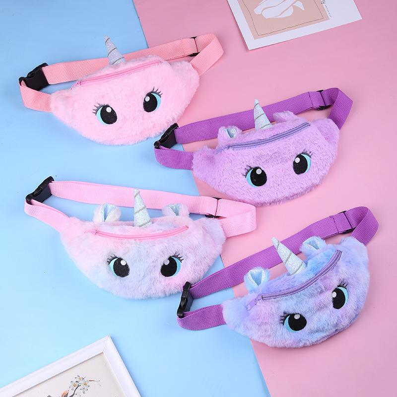 Unicorn cartoon plush single-shoulder bag, cute little girl, big eye waist bag, kindergarten children's crossbody bag, chest bag