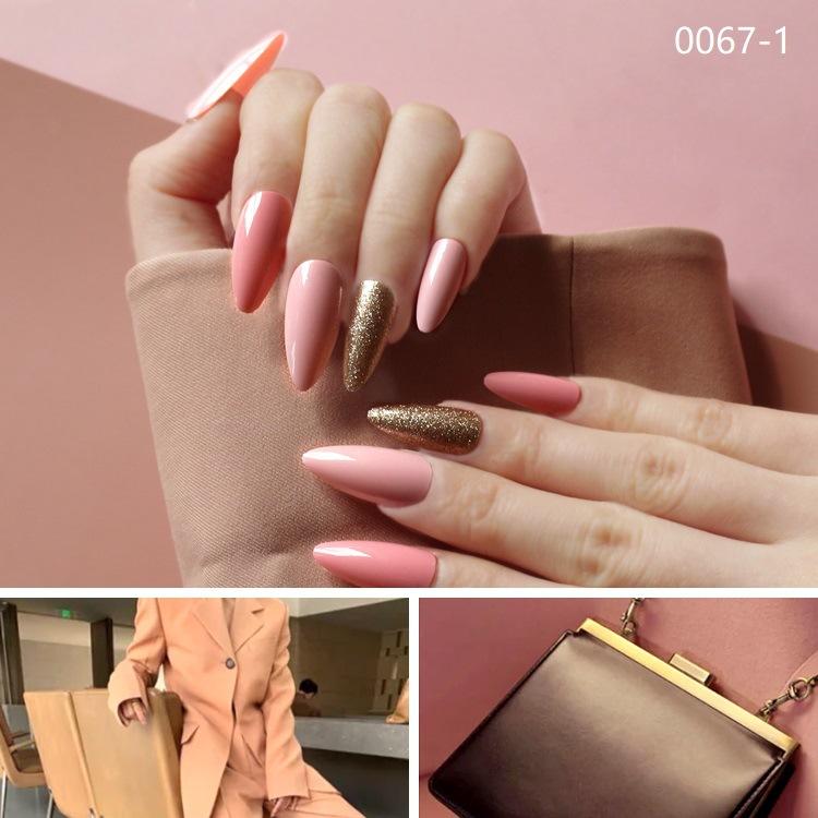 24 Pieces Of Finished Fake Nails Aliexpress Amazon Sells Long Pointed Almond Nails Girl Pink Round Head Gold Powder Nail Art details Picture