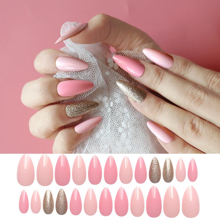 24 Pieces Of Finished Fake Nails Aliexpress Amazon Sells Long Pointed Almond Nails Girl Pink Round Head Gold Powder Nail Art Specification drawing