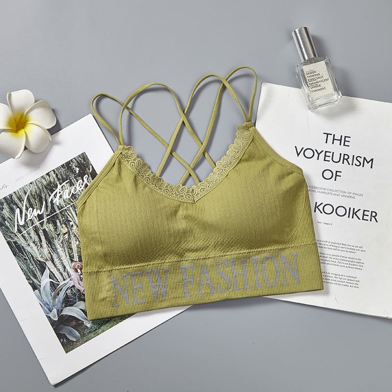 English letter lace thin shoulder strap beautiful back wrap chest breathable lining fabric worn outside yoga gathering strap chest cushion underwear for women undefined