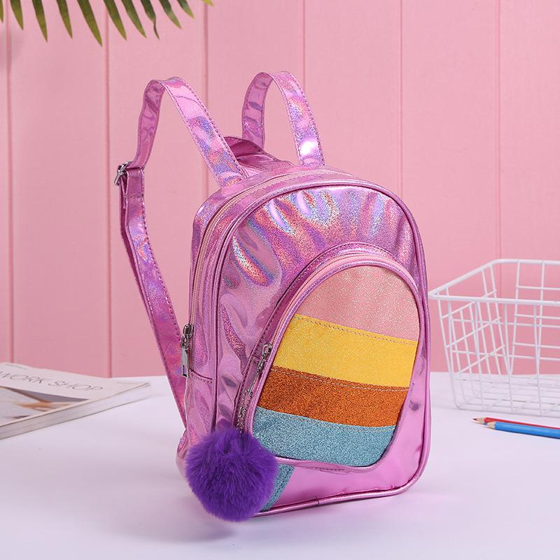 韩版女包镭射双肩包学生潮流运动书包新款时尚毛球个性背包批发产品图