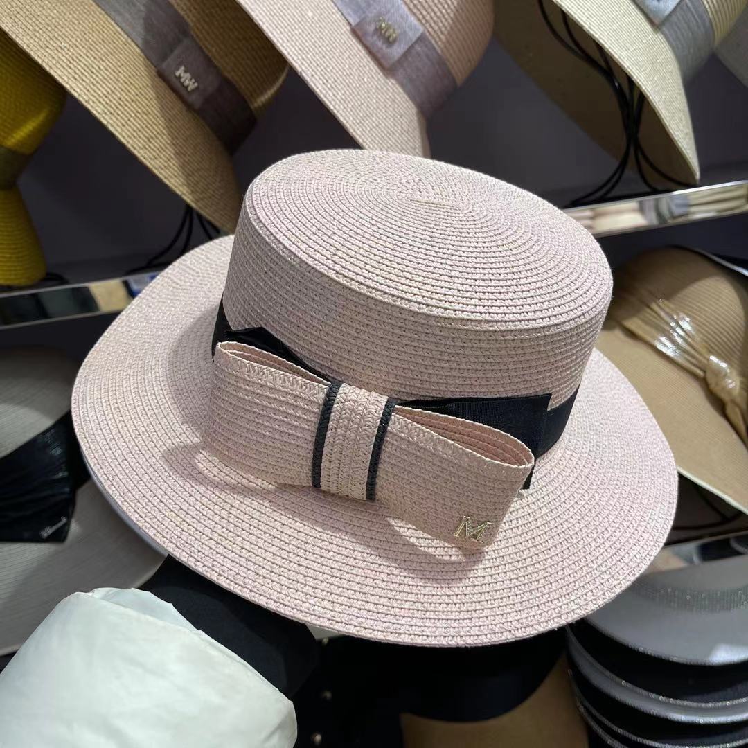 Japanese straw hat summer Dilraba style bow flat top sun hat, wide-brimmed sun hat for outings and sun protection undefined