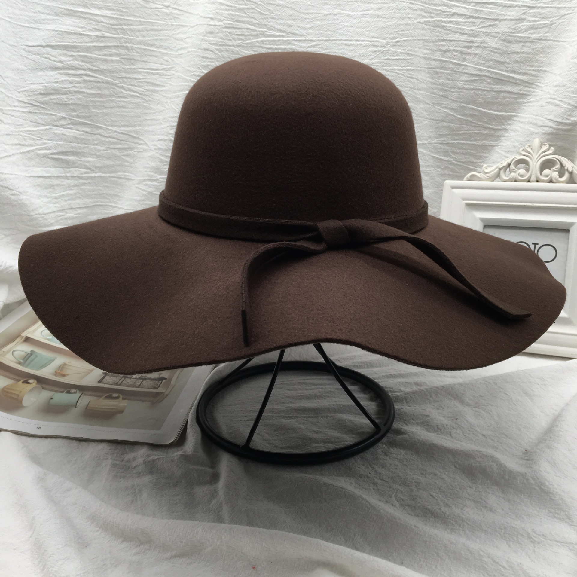 Black fisherman's hat for women, Korean autumn and winter versatile bow top hat for women, domed woolen wide-brimmed basin hat, retro style undefined