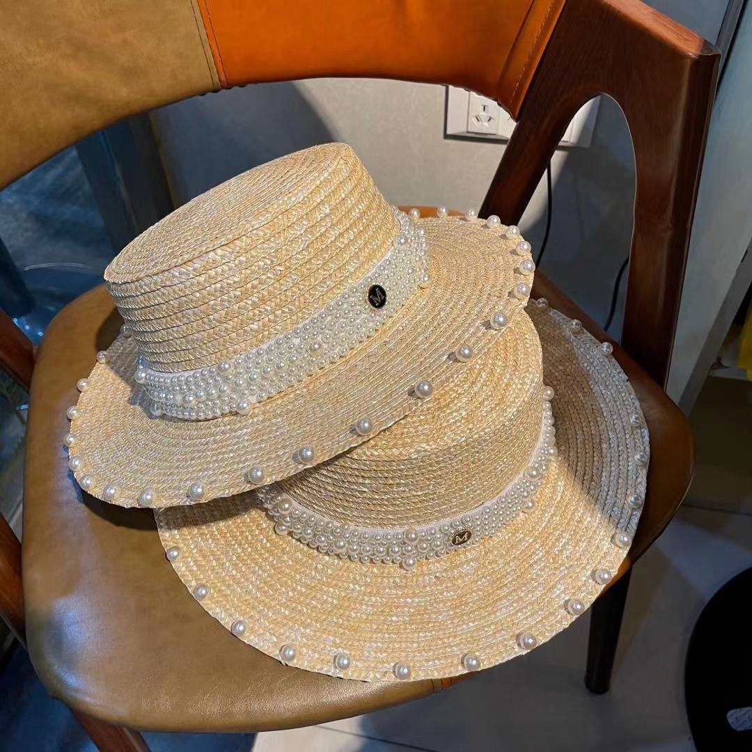 Summer fashion pearl flat top hat, French retro socialite style, sun protection flat brim straw top hat, chanel-style straw hat