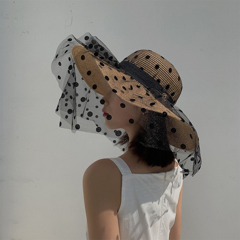 Sun hat, women's sun protection, summer thin beach straw hat, large brim lace face cover, Korean style, trendy and versatile, Japanese style Specification image
