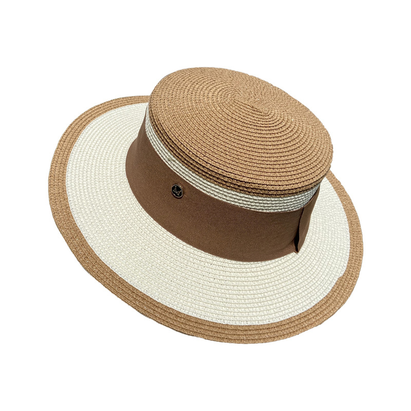 A popular flat-topped straw hat for women, a Korean-style trendy summer beach sun protection hat, a top hat, and an M-letter woven fisherman's hat Item Picture