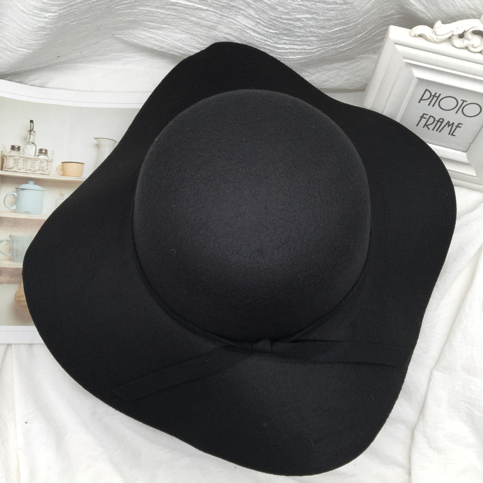 Black fisherman's hat for women, Korean autumn and winter versatile bow top hat for women, domed woolen wide-brimmed basin hat, retro style Specification image