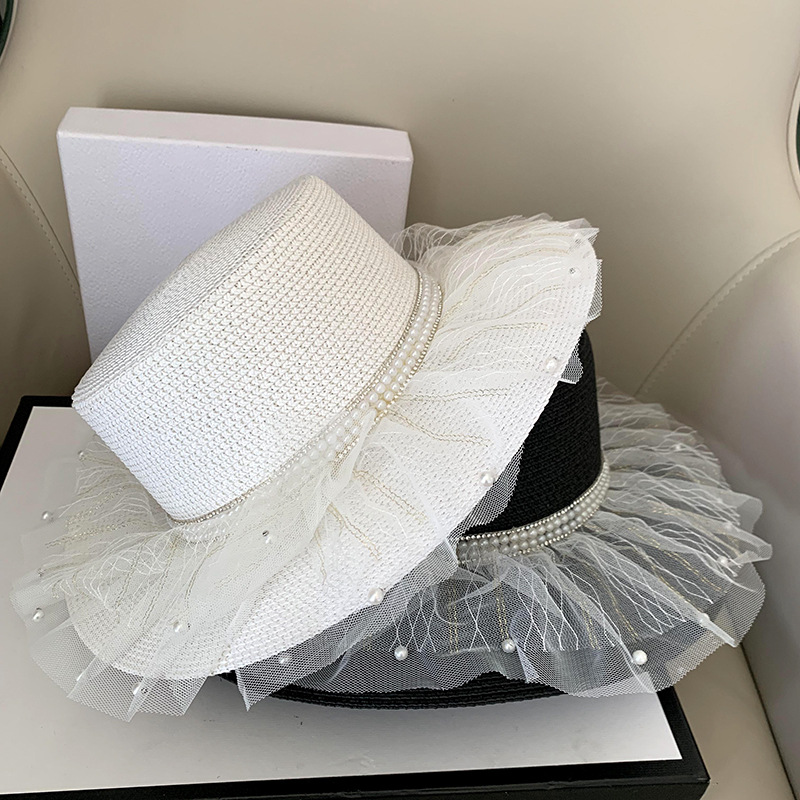 Summer sun hat for women wearing straw hats, gauze pearl hat, sun protection hat for going out to the seaside, versatile fisherman hat, Korean version details Picture