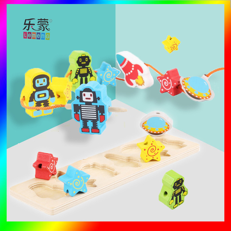 Wooden space shape beaded matching board wooden toy cartoon robot children's enlightenment early education threading game