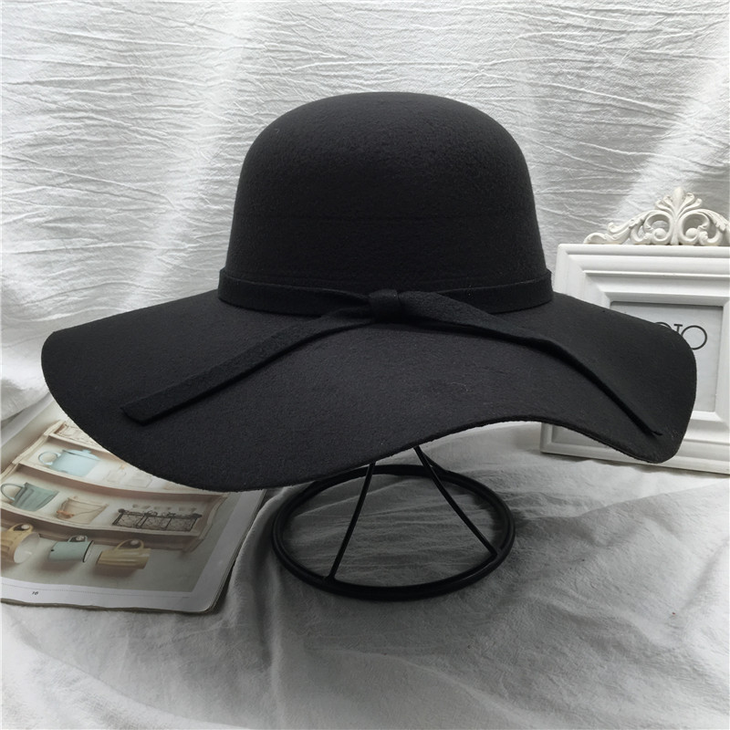 Black fisherman's hat for women, Korean autumn and winter versatile bow top hat for women, domed woolen wide-brimmed basin hat, retro style undefined