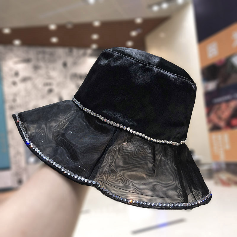Korean ins diamond-encrusted silk fisherman's hat, women's mesh large brim, foldable summer sun protection and shade travel basin hat undefined
