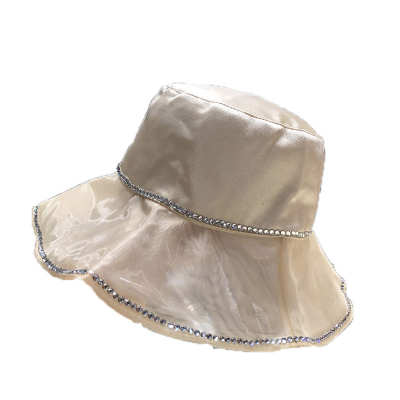 Korean ins diamond-encrusted silk fisherman's hat, women's mesh large brim, foldable summer sun protection and shade travel basin hat Item Picture