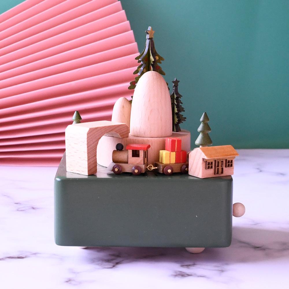 Christmas gifts Wooden music box retro wind-up mechanical music box Christmas tree train home decor