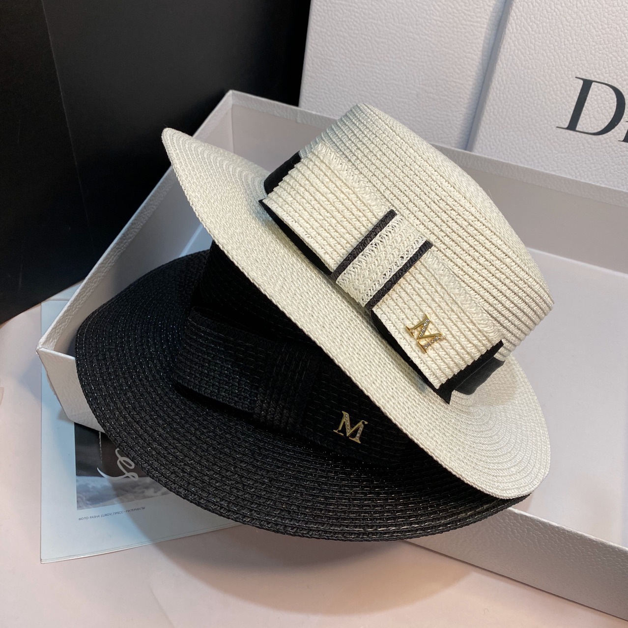 Japanese straw hat summer Dilraba style bow flat top sun hat, wide-brimmed sun hat for outings and sun protection details Picture