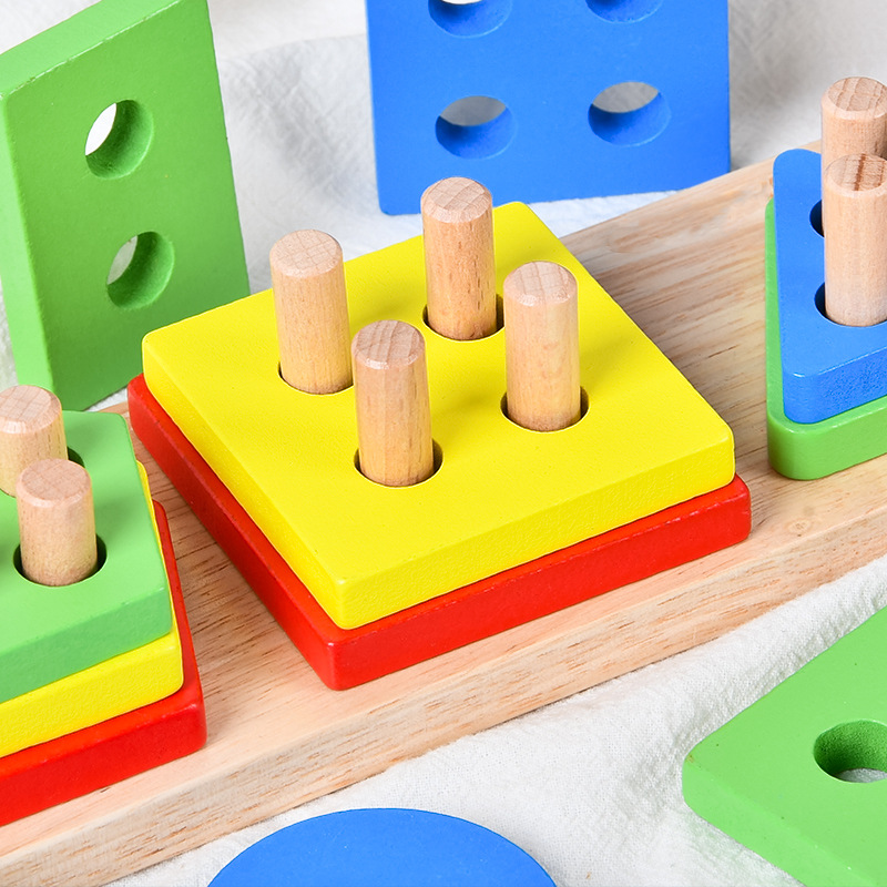 Five sets of wooden geometric-shaped columns, wisdom columns, Montessori early education cognitive building block matching toys for toddlers details Picture