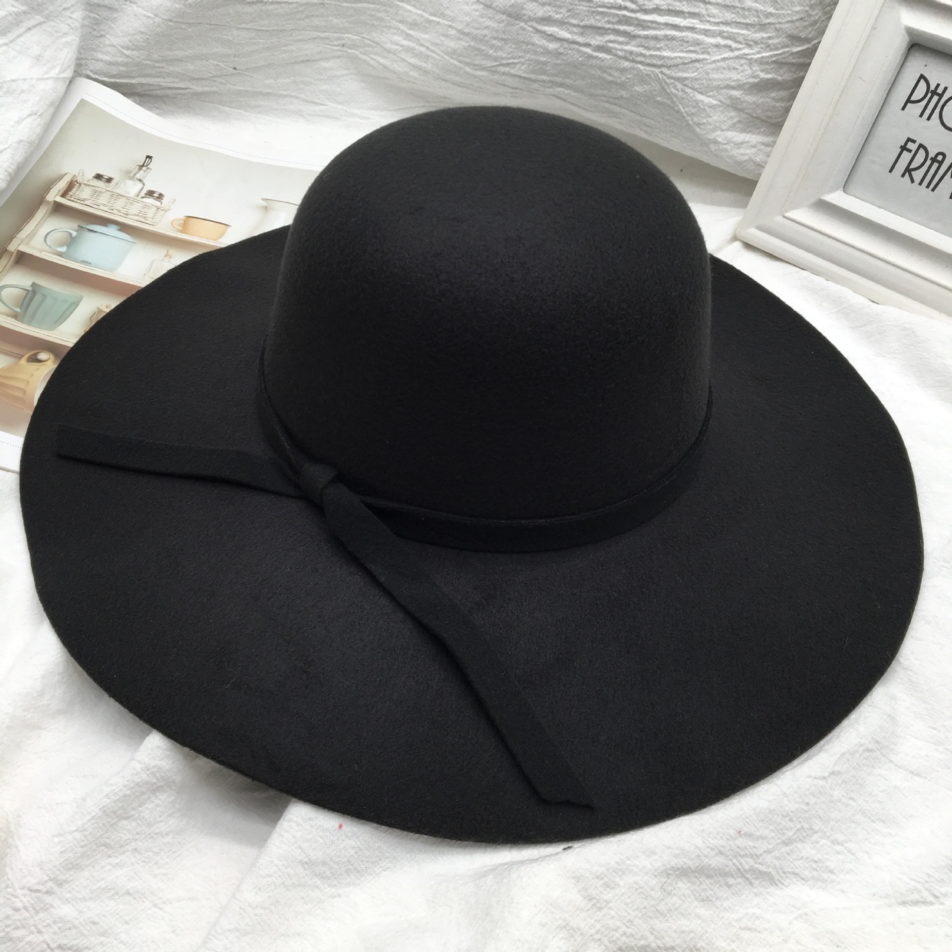 Black fisherman's hat for women, Korean autumn and winter versatile bow top hat for women, domed woolen wide-brimmed basin hat, retro style details Picture