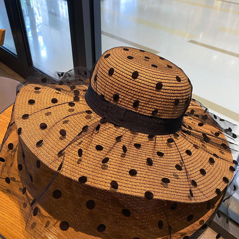 Sun hat, women's sun protection, summer thin beach straw hat, large brim lace face cover, Korean style, trendy and versatile, Japanese style Item Picture