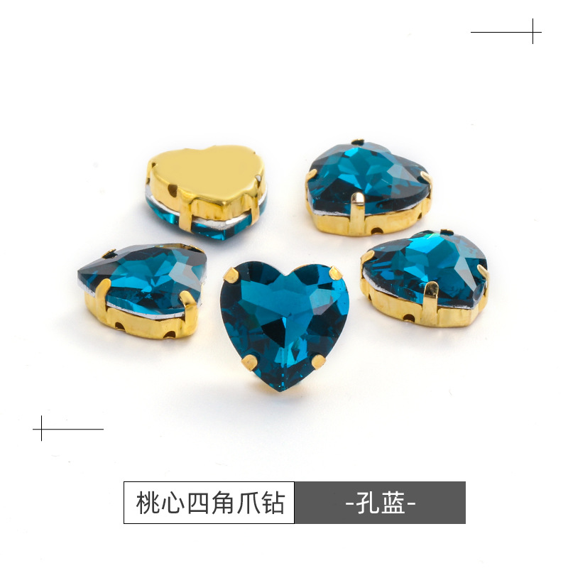 Factory wholesale of heart-shaped hand-sewn gold bottom claw diamonds, DIY wedding dress accessories, hand-sewn diamonds with holes, glass diamonds undefined