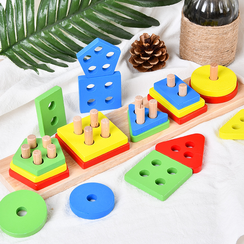 Five sets of wooden geometric-shaped columns, wisdom columns, Montessori early education cognitive building block matching toys for toddlers Application Scenario