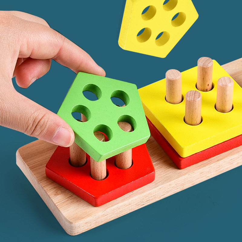 Five sets of wooden geometric-shaped columns, wisdom columns, Montessori early education cognitive building block matching toys for toddlers Specification image