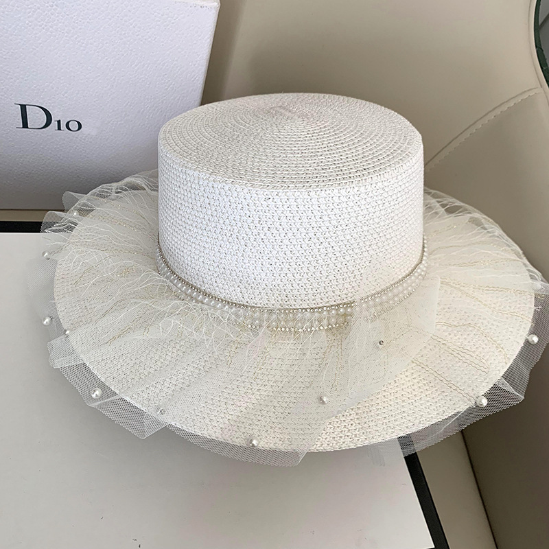 Summer sun hat for women wearing straw hats, gauze pearl hat, sun protection hat for going out to the seaside, versatile fisherman hat, Korean version Specification image
