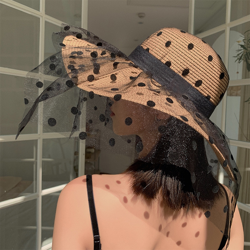 Sun hat, women's sun protection, summer thin beach straw hat, large brim lace face cover, Korean style, trendy and versatile, Japanese style