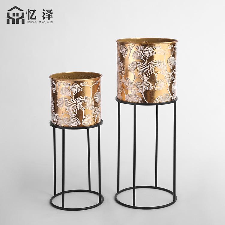 跨境银杏叶压花金色铁艺花架 套装批发圆桶客厅绿萝金属室内花架