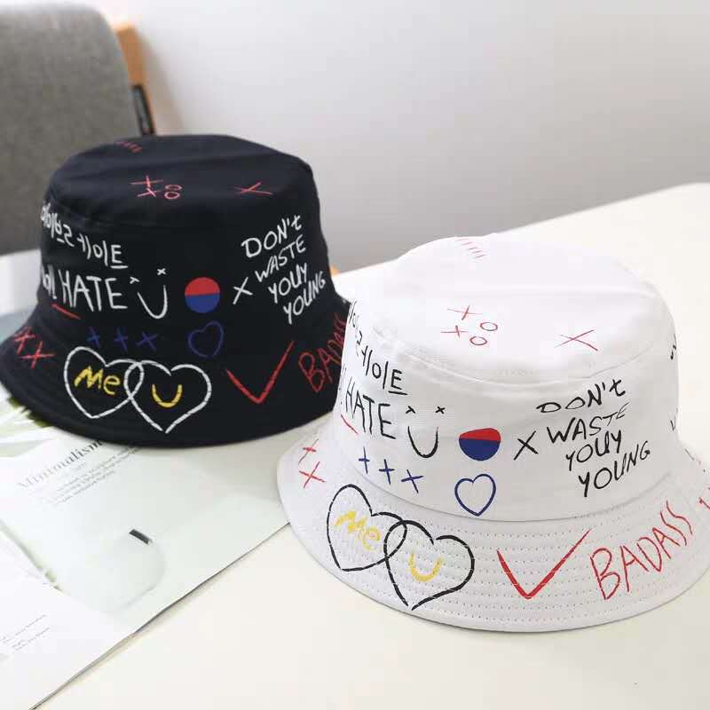 New casual sunshade fisherman hats, trendy and fashionable basin hats, men's and women's hats, personalized graffiti patterns, black and white details Picture