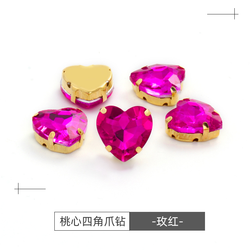 Factory wholesale of heart-shaped hand-sewn gold bottom claw diamonds, DIY wedding dress accessories, hand-sewn diamonds with holes, glass diamonds undefined