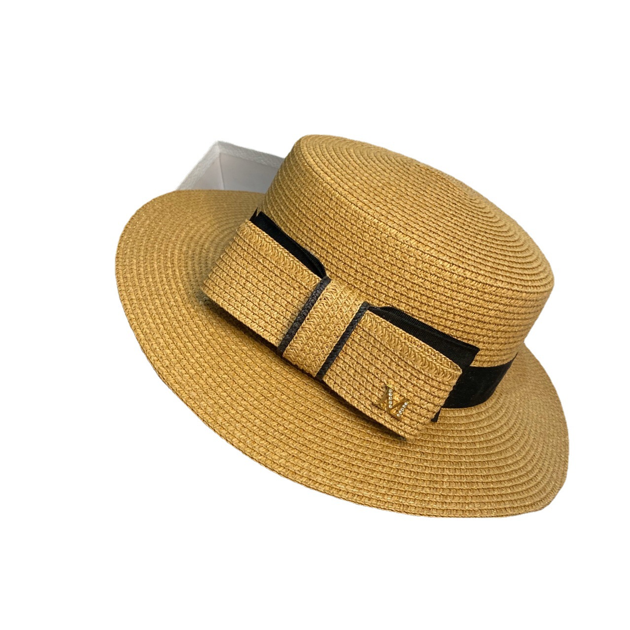 Japanese straw hat summer Dilraba style bow flat top sun hat, wide-brimmed sun hat for outings and sun protection Item Picture
